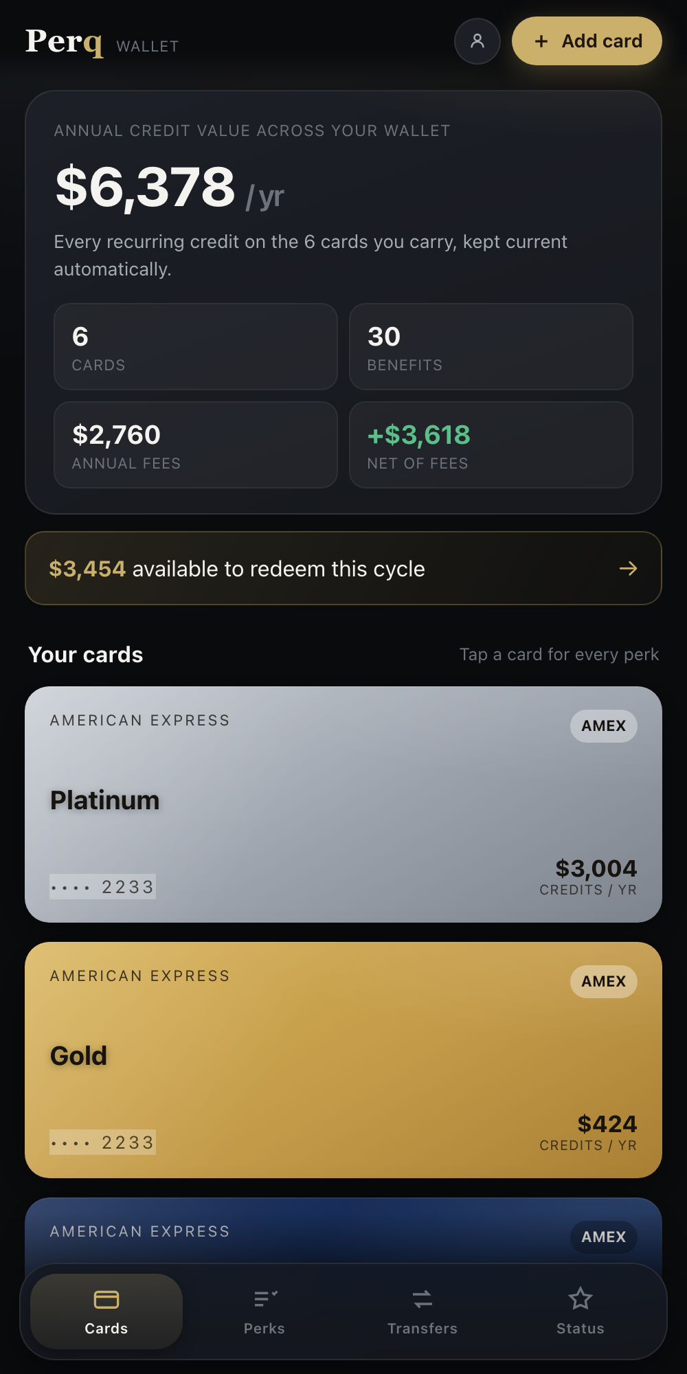 Cards view with per-card credit totals