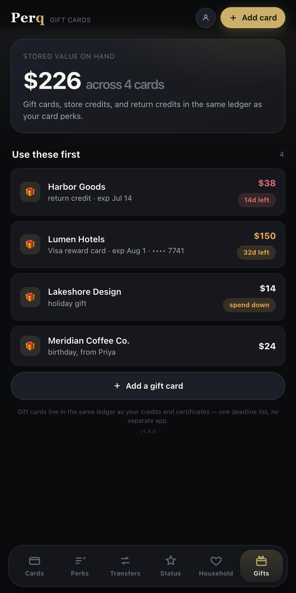 Gift cards ledger ranked by expiration and low balance
