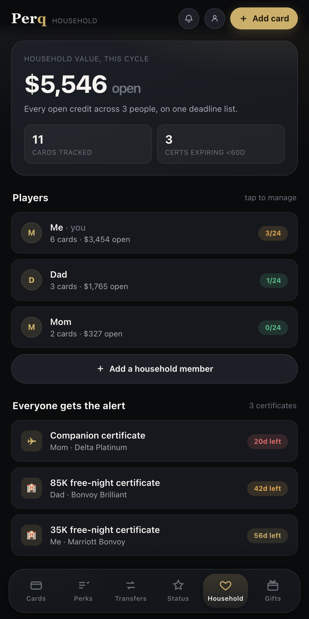 Household view: players, per-person 5/24, shared certificate alerts, poolable points
