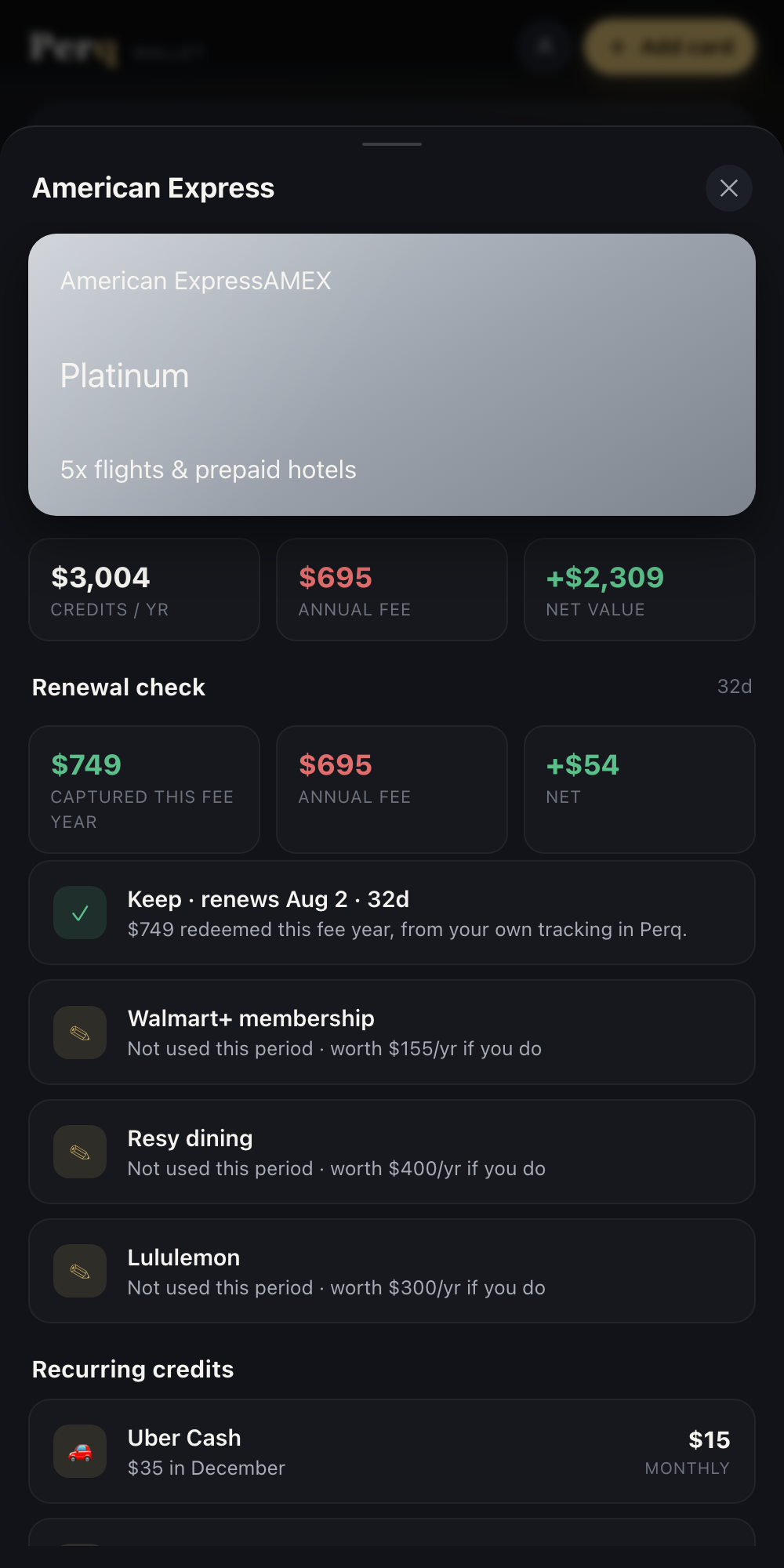 Renewal check: keep or cancel verdict with real break-even math from the user's own redemption log