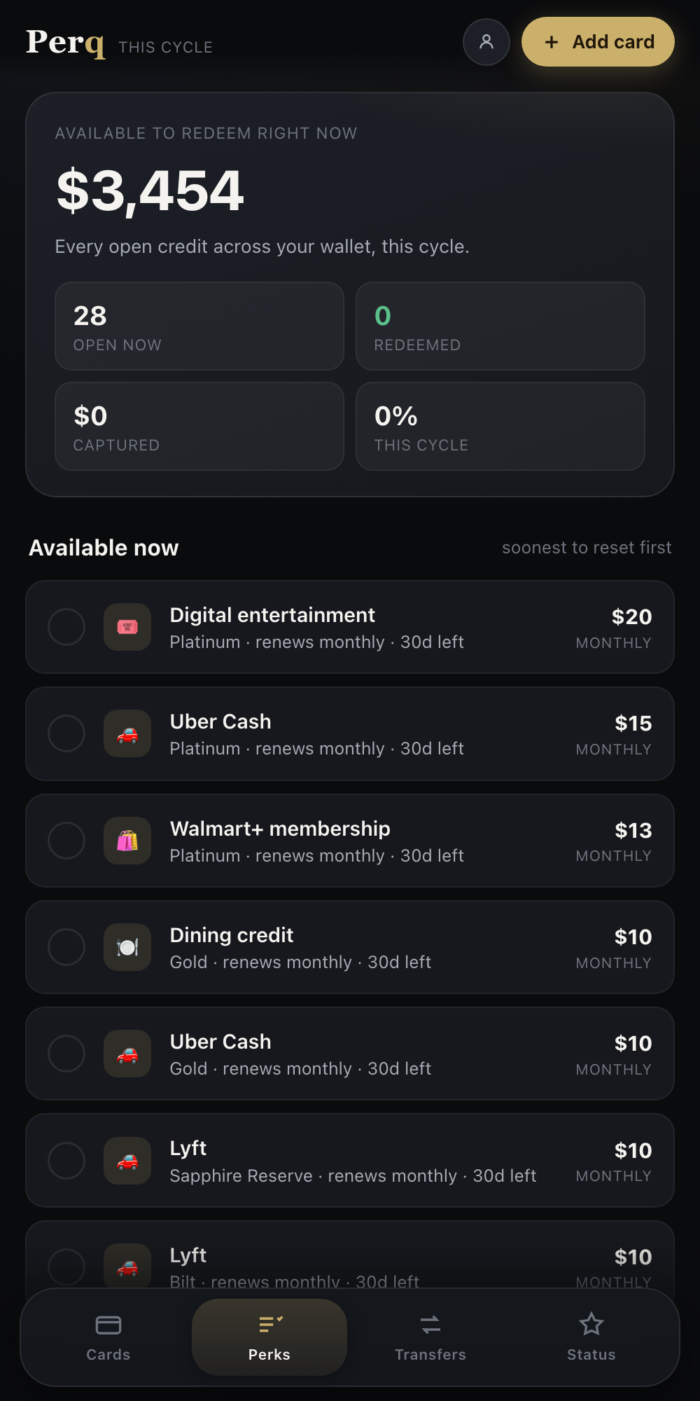This-cycle view: $3,454 available to redeem right now