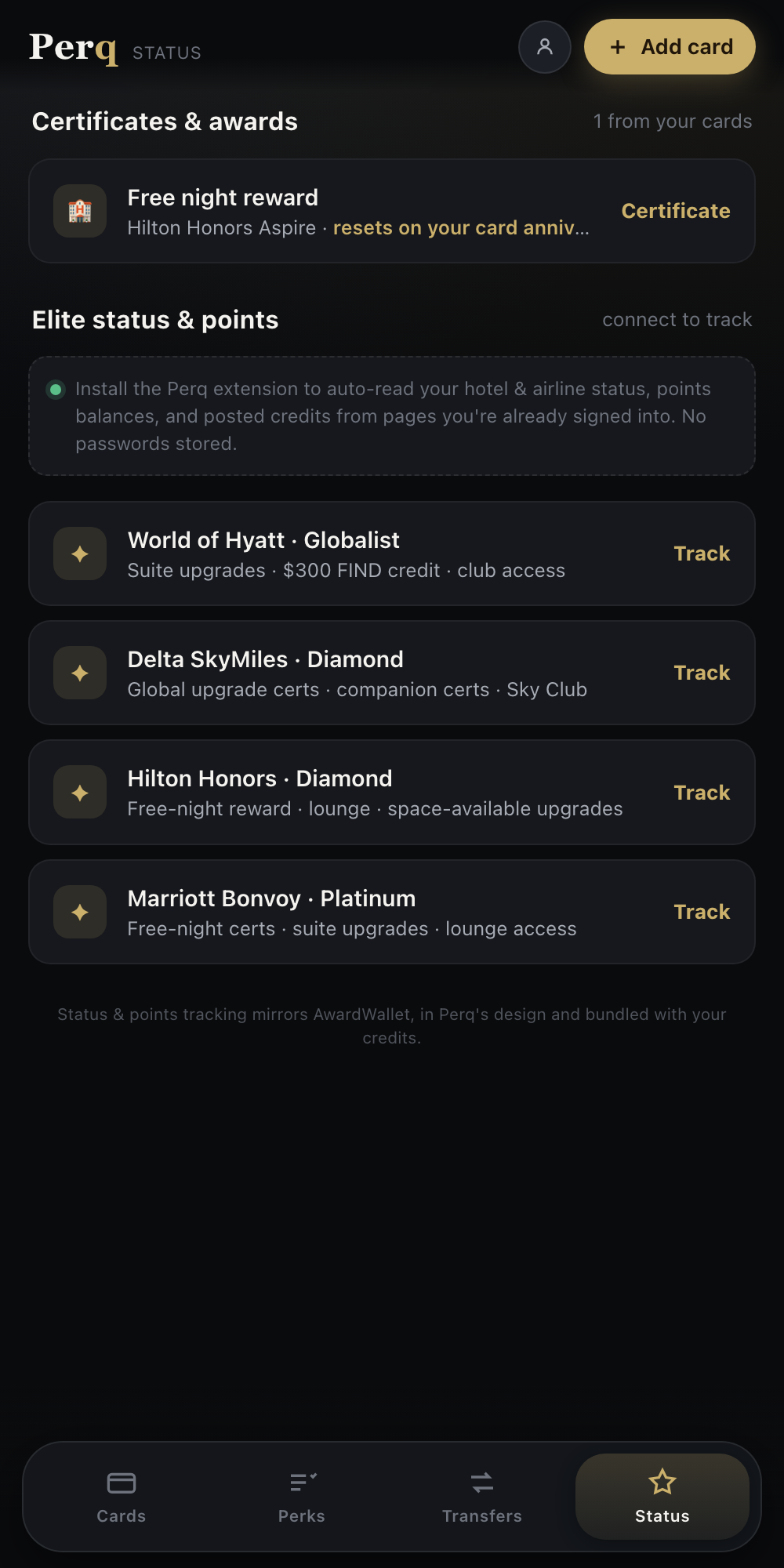 Status view with tiers and certificates