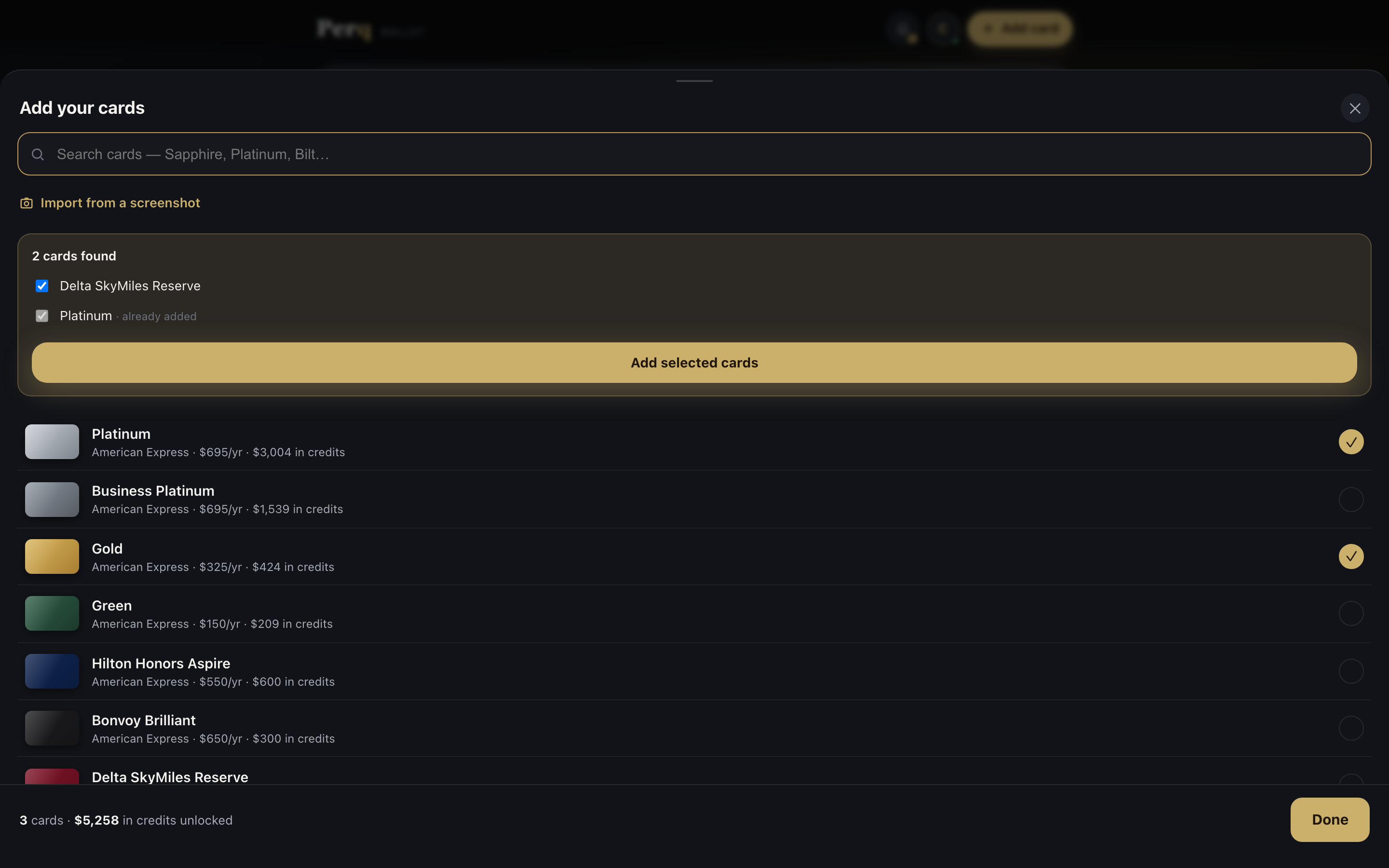 Import from a screenshot: two cards found from an uploaded screenshot, matched against the card database and checked, ready to add