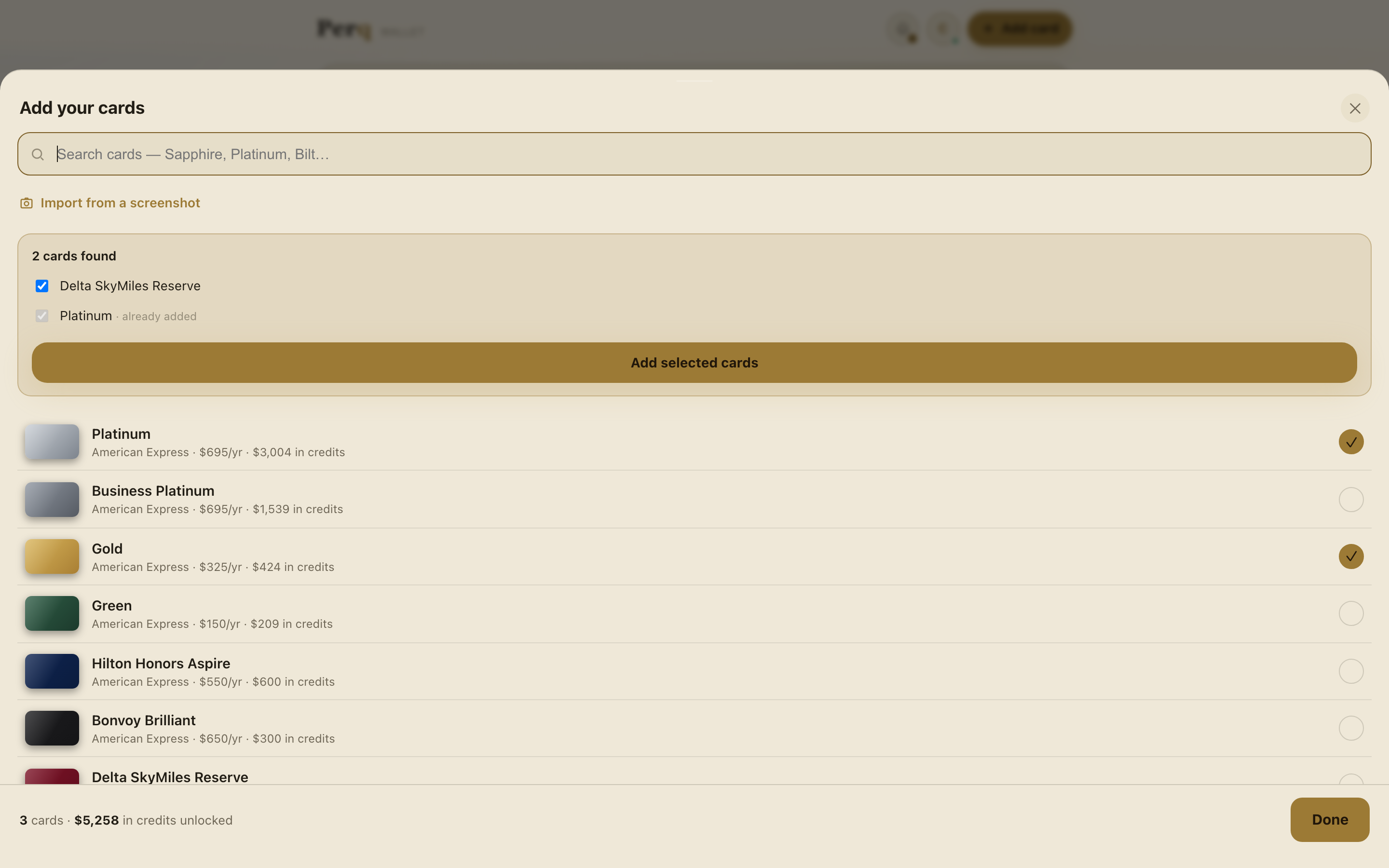 Import from a screenshot: two cards found from an uploaded screenshot, matched against the card database and checked, ready to add