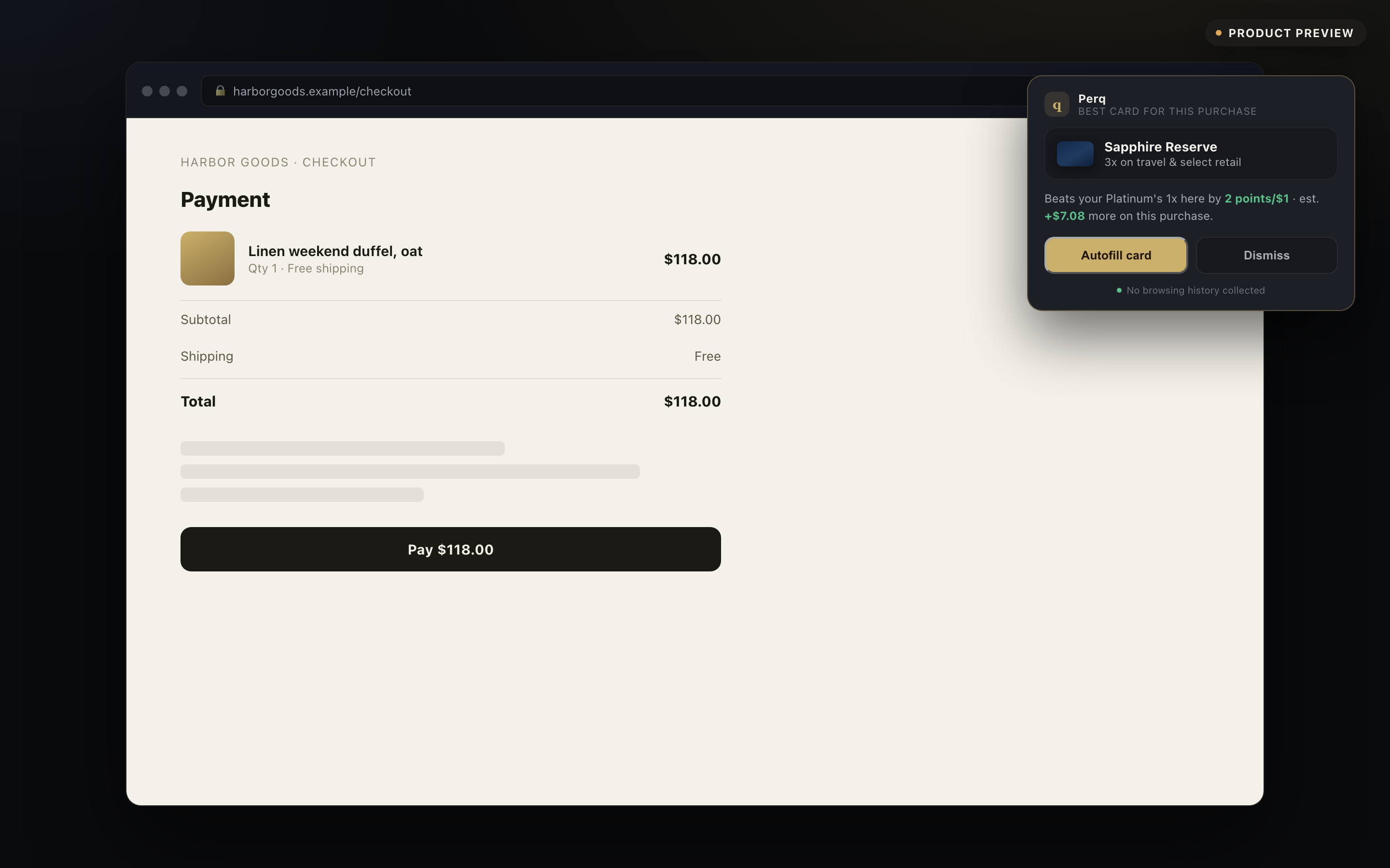 Best card at checkout: a popup recommending Sapphire Reserve over Platinum, worth $7.08 more on this purchase, labeled Product preview
