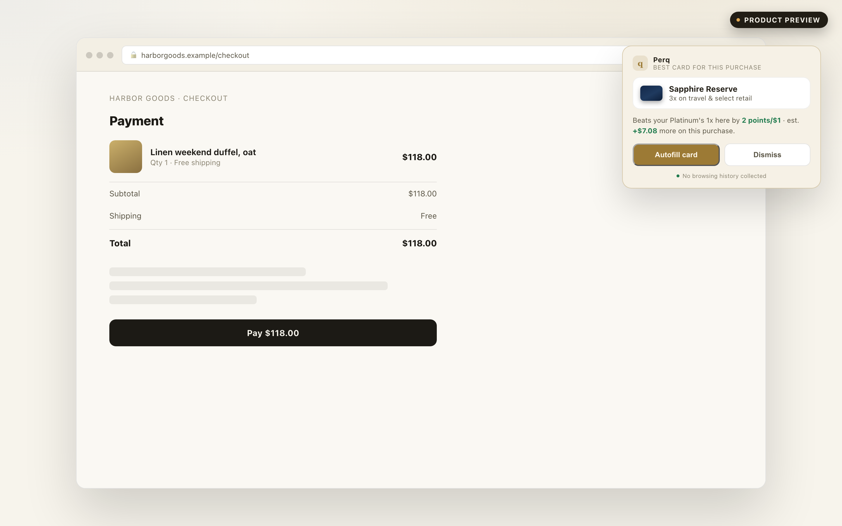 Best card at checkout: a popup recommending Sapphire Reserve over Platinum, worth $7.08 more on this purchase, labeled Product preview